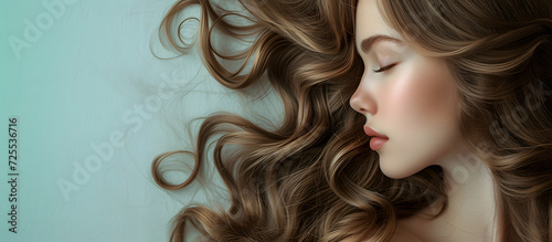 Portrait of beautiful young woman with long wavy hair. Curly hair. Ad for shampoo conditioner hair products.