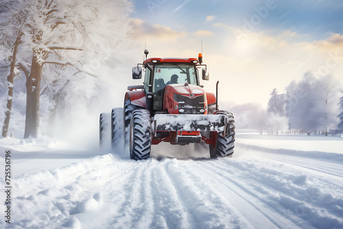 Tractor in the winter forest on a background of snow-covered trees