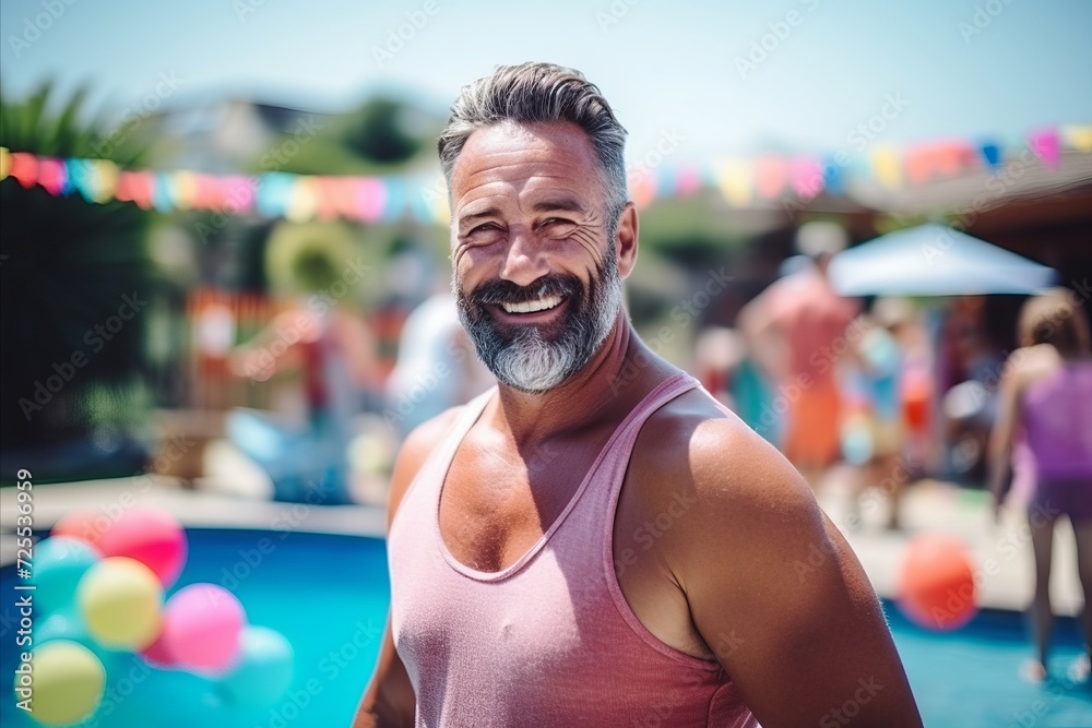 Portrait of smiling senior man standing by swimming pool at summer day Portrait of smiling senior man standing by swimming pool at summer day
