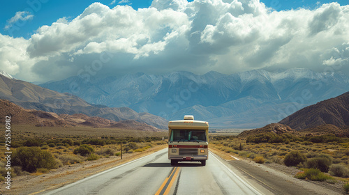Embark on an RV adventure with this captivating image of a recreational vehicle on the road, framed by majestic mountains in the background. The scene captures the spirit of travel, exploration, and t