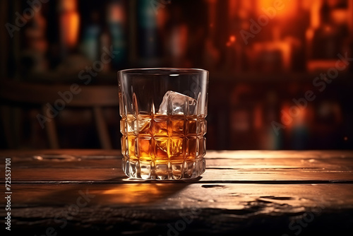 Glass of whiskey on a wooden table in front of the fireplace.