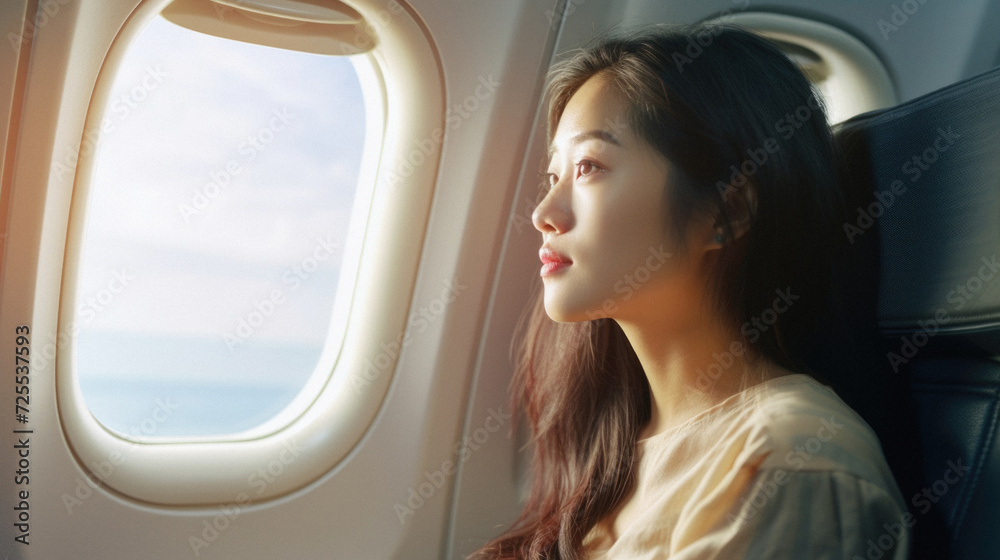 Beautiful asian woman traveling by airplane, looking at window .