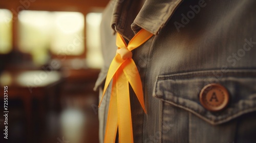single awareness ribbon gently pinned to a jacket on World Cancer Day photo