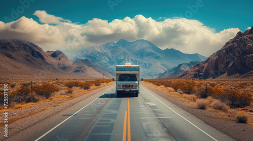 Embark on an RV adventure with this captivating image of a recreational vehicle on the road, framed by majestic mountains in the background. The scene captures the spirit of travel, exploration, and t photo