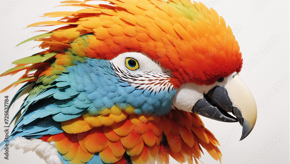 Obraz premium Colorful Macaw Parrots Surrounded by Vibrant Tropical Flowers on a White Background