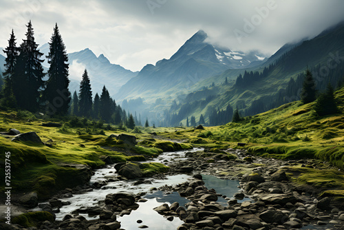 landscape with mountains, forest and a river in front. generated AI