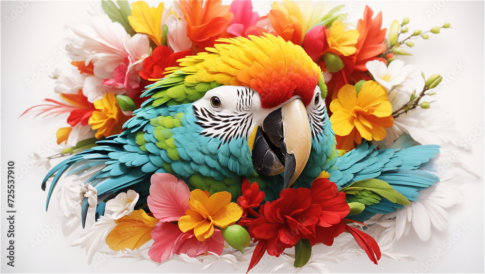 Fototapeta premium Colorful Macaw Parrots Surrounded by Vibrant Tropical Flowers on a White Background