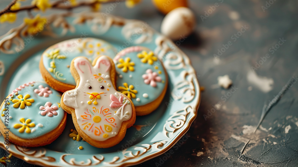 Sweet delicious Easter cookies in the shape of a bunny with glaze and a beautiful pattern, on a decorative plate, top view