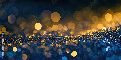 gold and blue Festive abstract Background particles defocused, Abstract blurred festive background in gold blue colors with bokeh lights.Happy New Year Celebration Sparkles Banner, space for text