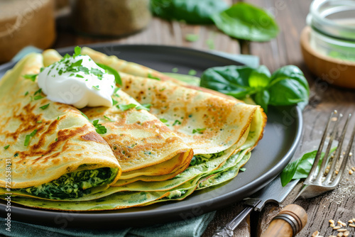 Savory Crepes with spinach and cream, food photography. Delicious fresh pancakes with spinach, cream cheese. The combination of homemade spinach in savory crepes.