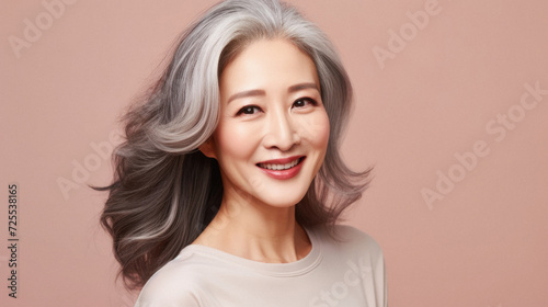 Portrait of a beautiful asian woman with long gray hair on pink background