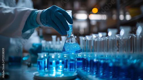 In the lab, a scientist studies a blue substance, driving medical breakthroughs for pharmaceuticals and advancing biotechnology in healthcare. Science and chemistry converge in pursuit of innovation. photo