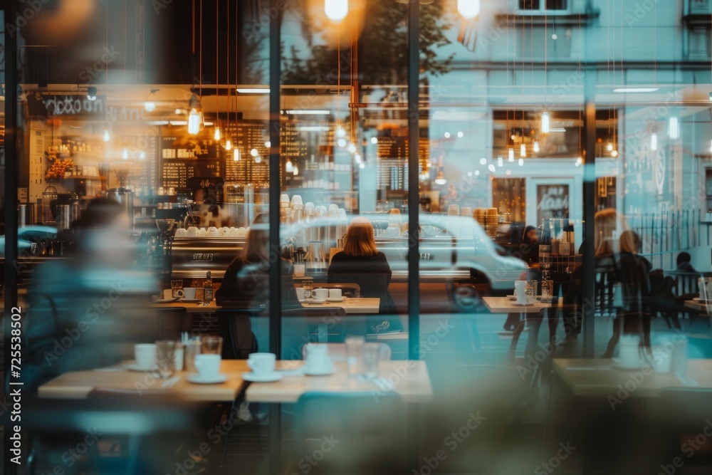 Busy Coffee Shop As Seen Through Dreamy And Blurred Lens. Сoncept Abstract Architecture, Moody Landscapes, Vintage Cars, Candid Street Photography, Vibrant Flower Gardens