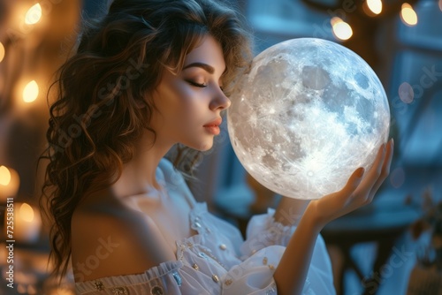 Beautiful Woman Holding Circular Painting Of The Moon. Сoncept Dreamy Night Sky, Lunar Beauty, Artistic Portraits, Celestial Goddess