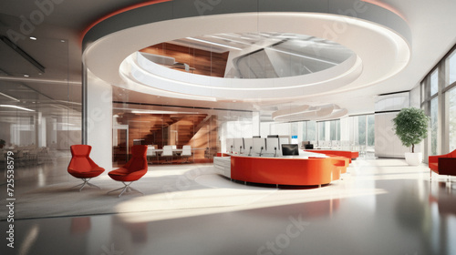 Interior of modern office with orange reception desk .