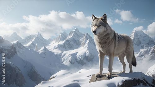 Majestic Grey Wolf Standing Atop a Snow-Covered Mountain Overlooking Vast Peaks