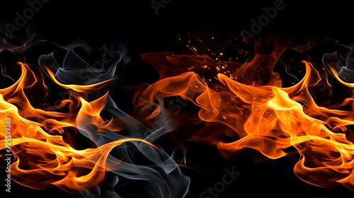 Holiday fireworks above, Beautiful stylish fire flames, Fire flames on black background, ai generated 