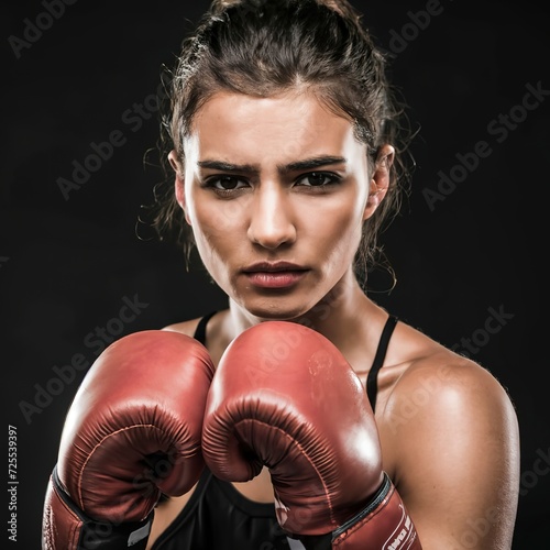 Close up photo of strong sportswoman in boxing gloves boxer posing © Denis
