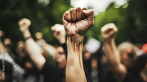 Protestors fists raised up in the air. Hands raised, fingers tightly curled into fists, voices amplified in peaceful protest. A united stand against injustice. © Stavros
