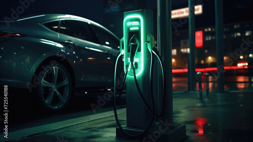 Electric car charging station at night. EV car charging station at night .