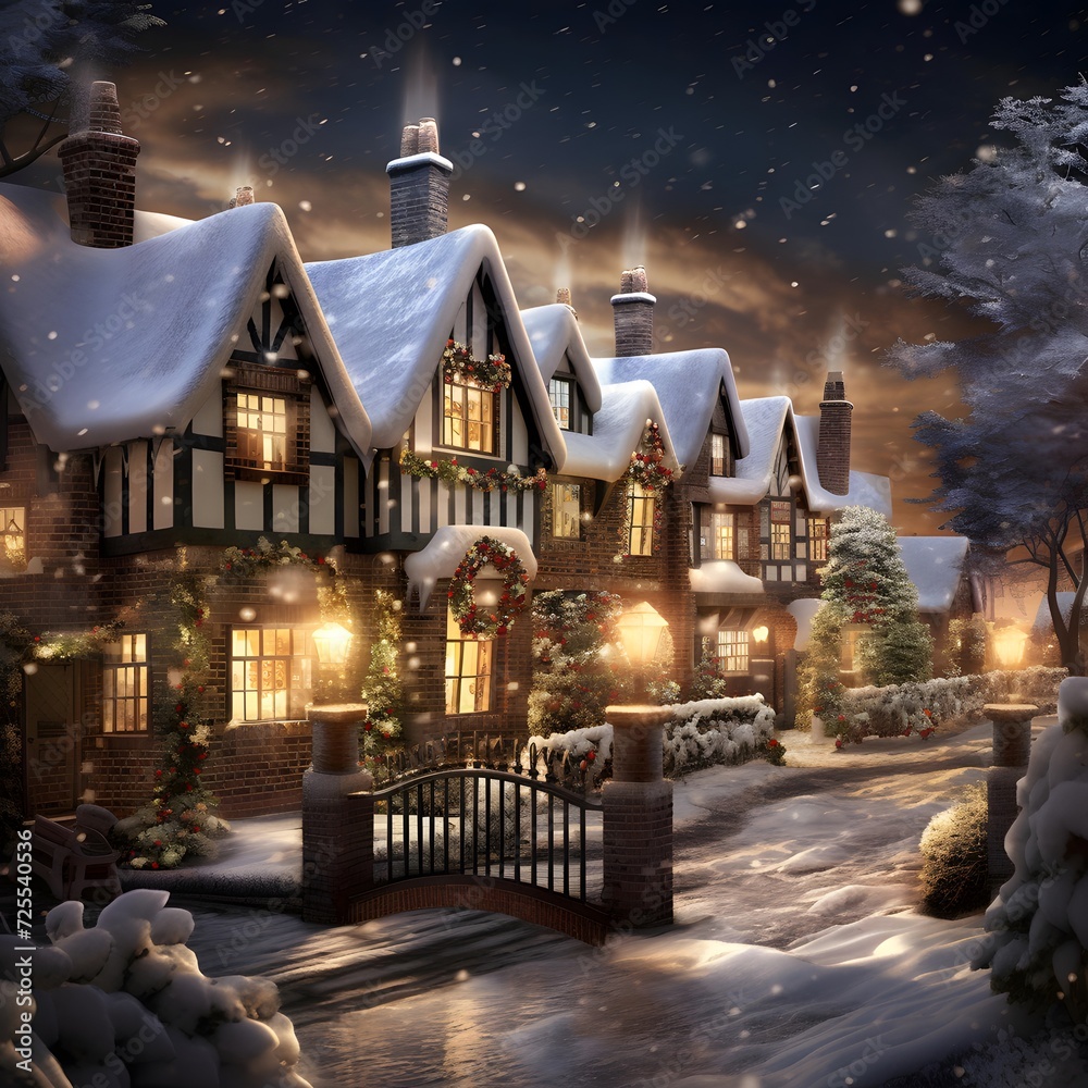 Winter night in the village. Christmas and New Year. 3d illustration