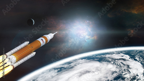 Orion spacecraft take off mission from Earth planet. Artemis space program.  Elements of this image furnished by NASA. photo