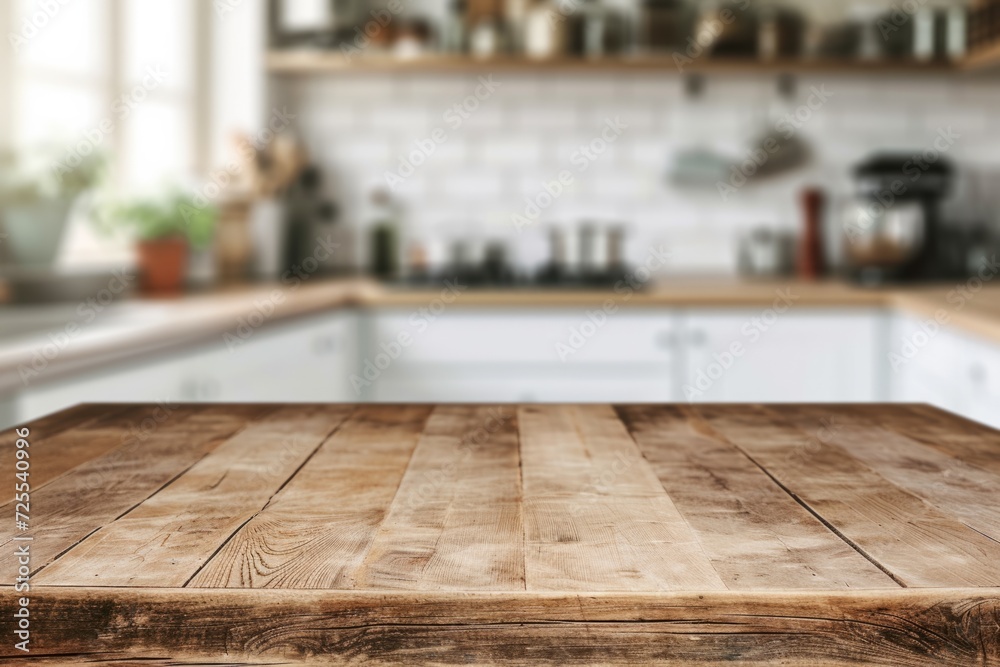 Blank Wooden Table With Blurry Kitchen Backdrop Perfect For Showcasing Your Products. Сoncept Product Photography, Lifestyle Shots, Kitchen Accessories, Minimalist Design, Rustic Style Blank Wooden Table With Blurry Kitchen Backdrop Perfect For Showcasing Your Products. Сoncept Product Photography, Lifestyle Shots, Kitchen Accessories, Minimalist Design, Rustic Style
