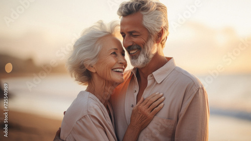 Portrait of happy senior couple embracing each other on the beach at sunset