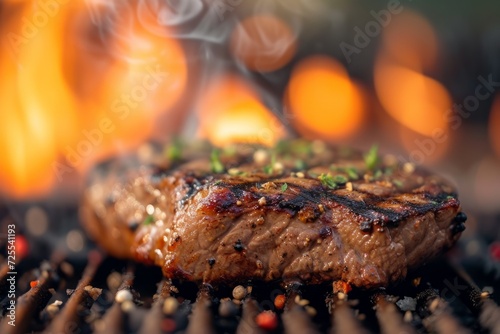 Closeup Of Perfectly Grilled Gourmet Steak With Bokeh Background. Сoncept Gourmet Food Photography, Grilled Steak, Food Styling, Bokeh Background
