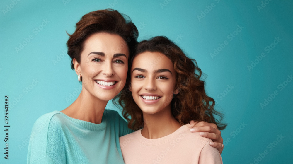 Happy mother and daughter hugging and looking at camera isolated on blue background Happy mother and daughter hugging and looking at camera isolated on blue background