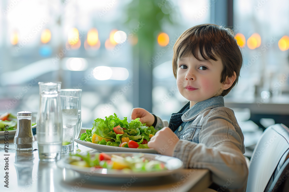 young boy at cafe with healthy green salad, nutritious dining for children in bright, family friendly restaurant. young boy at cafe with healthy green salad, nutritious dining for children in bright, family friendly restaurant.
