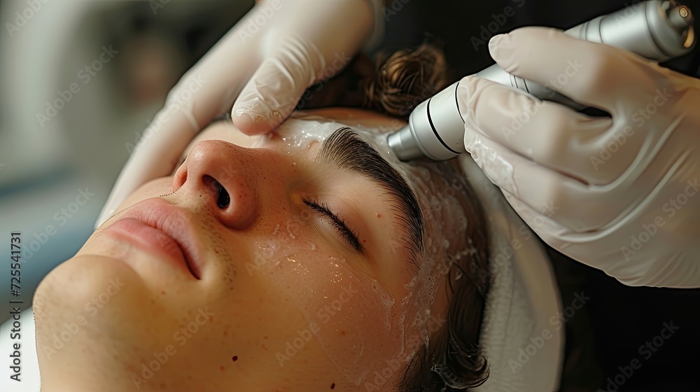 Beautician performing a microdermabrasion treatment on a man. - obrazy, fototapety, plakaty 