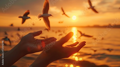 Hands releasing birds at sunset over the ocean.