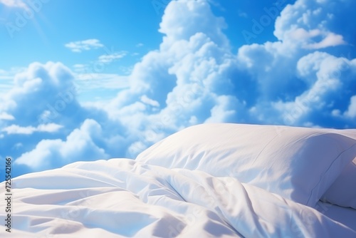 Sweet dreams concept image of soft cozy pillow flying on cloudy sky. Comfortable bedding or healthy sleeping.