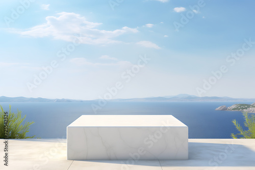 White marble podium on the background of the sea and mountains. 3d rendering