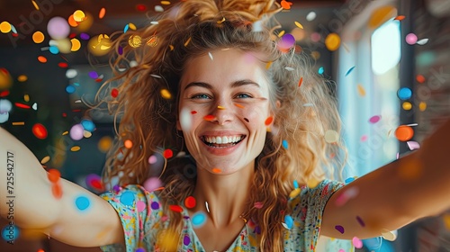 A cheerful young woman taking a selfie with confetti in the air.