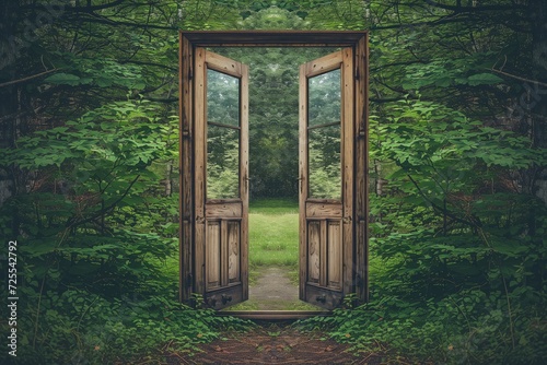 Entrance To Whimsical Wonderland Through Enchanting, Open Door Collage. Сoncept Fantasy Landscapes, Magical Doorways, Whimsical Wonderland, Enchanting Collages, Open Door Mysteries © Anastasiia