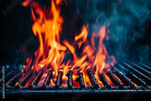 Fiery Flames Engulf Empty Barbecue Grill Against Sleek Black Backdrop. Сoncept Breathtaking Fire Photography, Captivating Grilling Moments, Dynamic Contrasts, Fiery Barbecue Vibes