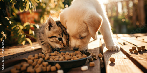 a puppy and a kitten are eating food in the garden in a sunny afternoon photo