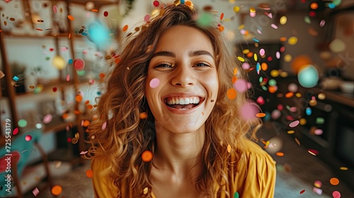 A woman with a wide smile, confetti scattered around.