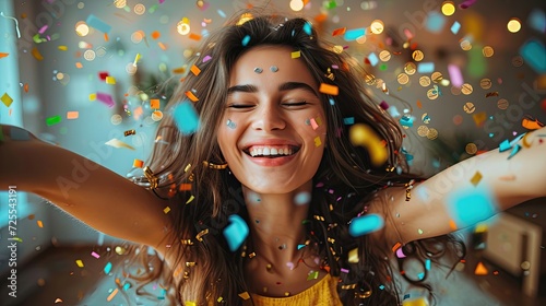 Woman celebrating with confetti.