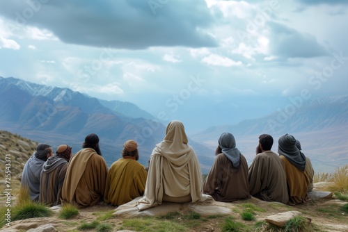 Iconic Image Of Jesus Teaching Disciples On Mountaintop Sermon. Сoncept Spiritual Enlightenment, Divine Teachings, Mountaintop Experience, Jesus And Disciples, Sacred Sermon
