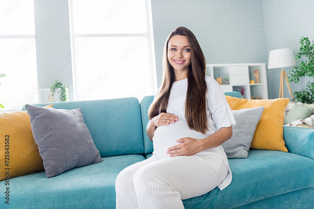 Photo of tender adorable pregnant girl sitting on sofa touching belly feeling baby waiting for childbirth Photo of tender adorable pregnant girl sitting on sofa touching belly feeling baby waiting for childbirth