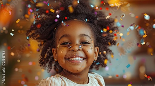 Smiling girl with glitter on face amidst a shower of confetti.
