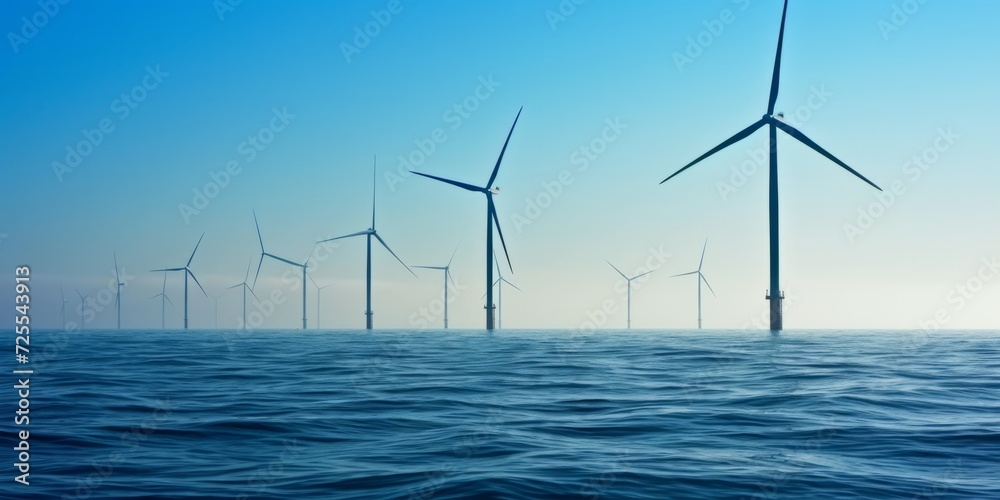 Offshore Wind Turbines Harness Green Energy From The Sea, Combating Global Warming. Сoncept Renewable Energy Sources, Offshore Wind Farms, Global Warming, Clean Energy Solutions