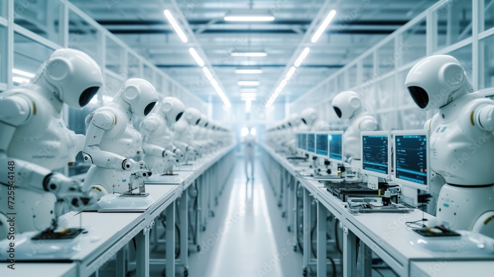 Obraz premium futuristic scene of a factory floor filled with white robots at workstations, suggesting an automated production line.