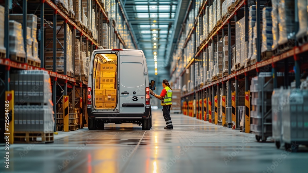 Naklejka premium worker in a warehouse, standing next to a van loaded with boxes. The warehouse is spacious with tall shelves filled with goods.