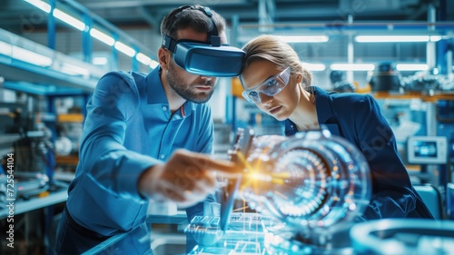 man and a woman working with virtual reality equipment in a high-tech manufacturing environment. working on an engineering or design project using VR