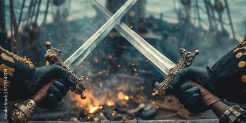 Pirates Wage Fierce Battle For Treasure And Land Amid Clashing Swords And Booming Cannons. Сoncept Epic Pirate Adventure, Battle For Treasure, Sword Fight Spectacle, Explosive Cannon Warfare