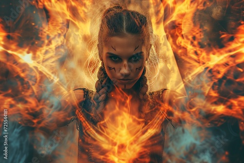 Powerful Female Warrior Casting Fiery Spell In Mesmerizing Collage Photograph. Сoncept Fantasy Photoshoot, Warrior Woman, Fire Magic, Mesmerizing Collage, Powerful Spell